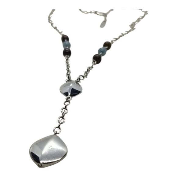 ALine Y Necklace Silver Drop Brown Blue Beaded Necklace - Picture 1 of 9